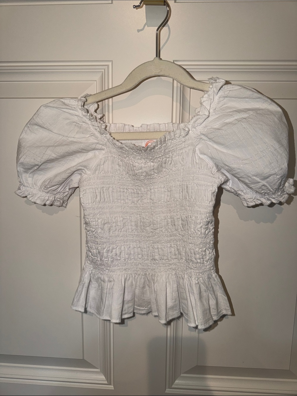 wonder nation 4/5 girls White Smocked Puff-Sleeve Peplum Blouse